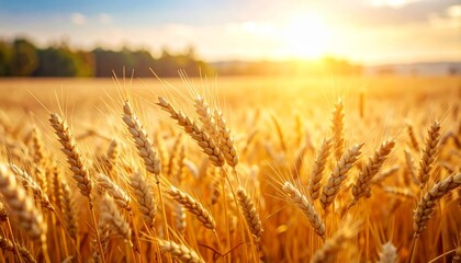 Naklejka premium Golden wheat field at sunset, a serene landscape of nature's bounty 