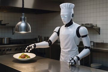 robot chef placing gourmet dish on counter under pendant kitchen lamp in stainless steel restaurant interior, humanoid with glowing eyes and apron, concept of culinary automation, hospitality, ai kitc