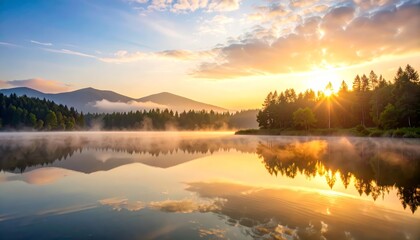 Fototapeta premium Majestic mountain lake reflection, serene nature landscape photography for peaceful scenery