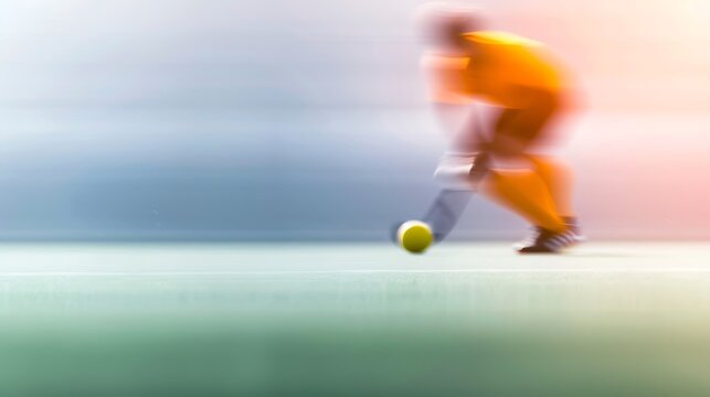 Blurred motion of a field hockey player striking a ball during a game