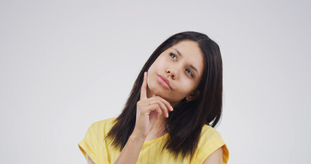 Thinking, remember and woman in studio, decision and selection on white background. Opportunity,...