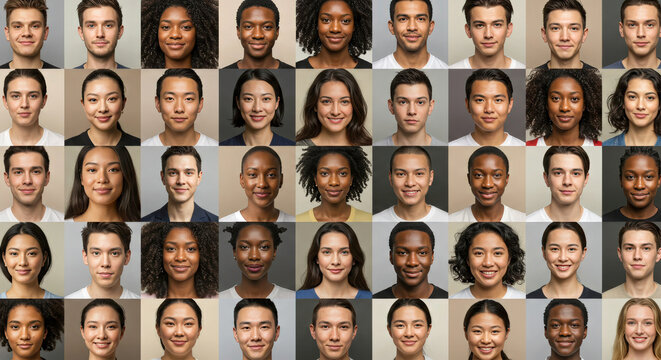 Diverse group portrait: smiling multicultural young adults, neutral background