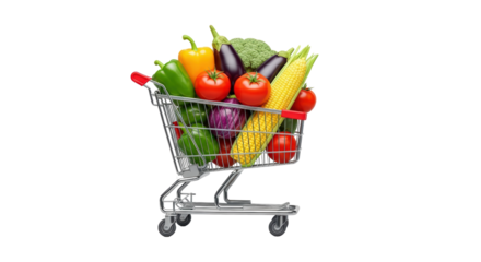 Shopping Cart Filled with Fresh Colorful Vegetables and Corn in Transparent Background