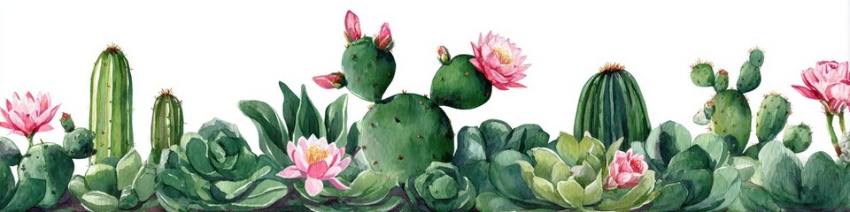 Naklejka premium Cactus Border. Watercolor Seamless Green Cactus Header with Pink Flowers