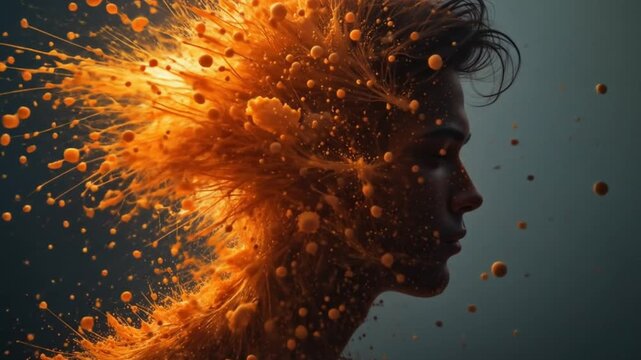 Conceptual portrait of a person's face dissolving into vibrant orange particles with dynamic energy