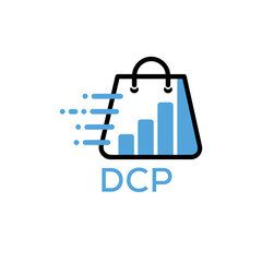 Fototapeta premium Modern Digital Shopping Logo with Growth Bar and DCP Letters – Ecommerce and Analytics Concept. DCP Letter Logo. 