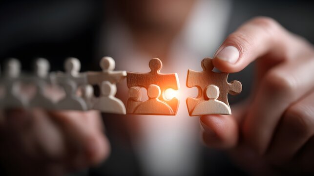 Two hands connecting puzzle pieces symbolizing the power of teamwork and to overcome challenges and achieve success