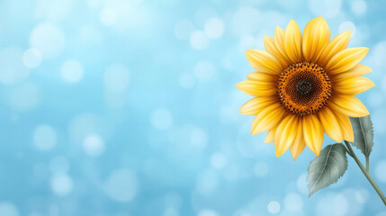 Sunflower yellow flower with green leaves on soft blue bokeh background, bright and cheerful nature image