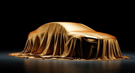 Car Mystery. Showcasing an Auto draped in Elegant Gold Fabric - 3D Illustration