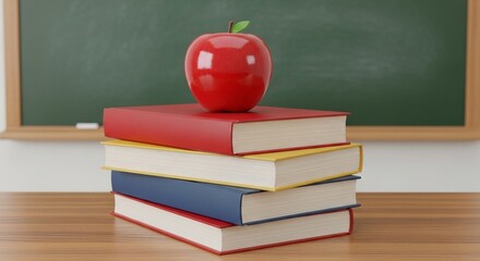 A red apple rests atop a stack of colorful textbooks in front of a chalkboard.
