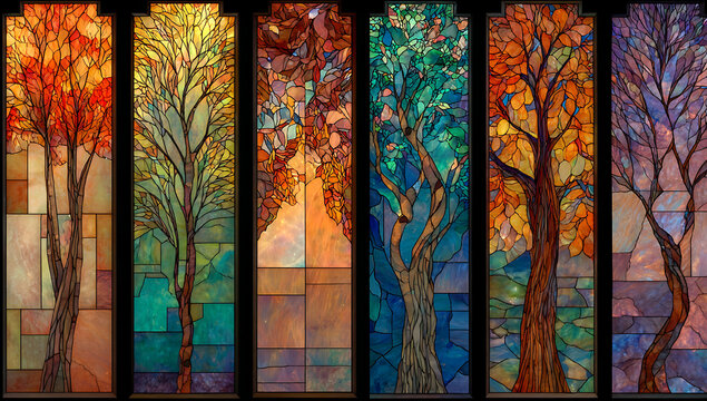 Stained Glass Trees Depicting the Four Seasons in an Art Nouveau Style - Powered by Adobe