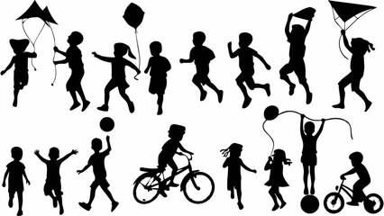 Obraz premium Silhouette illustration of children playing with kites, balloons, a ball, and riding a bicycle on a white background