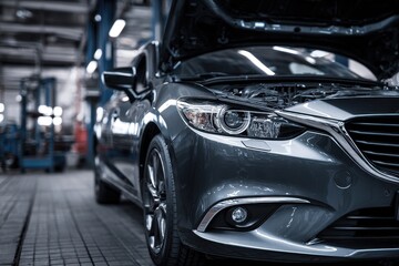 Fototapeta premium Car With Hood Up. Engine Maintenance in Auto Repair Shop for Clean and Efficient Service