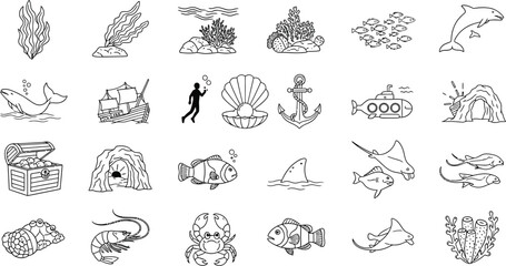 Vector icon set of marine life and ocean elements