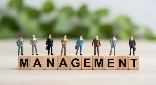 Miniature business figures stand on wooden blocks spelling out "MANAGEMENT".