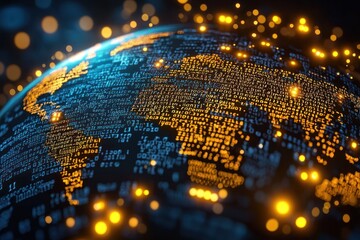 Digital world map with glowing code and bokeh
