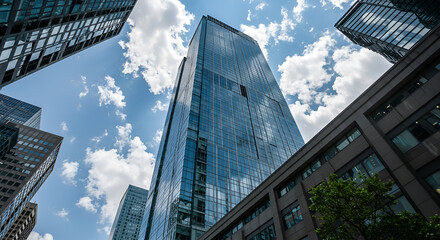Modern skyscraper towering above surrounding city buildings under a partly cloudy sky.