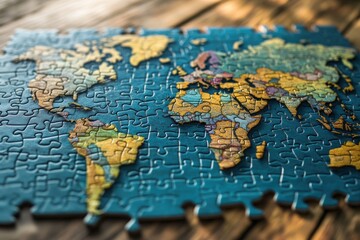 Half-complete blue puzzle forming world continents on table, top-down photography style