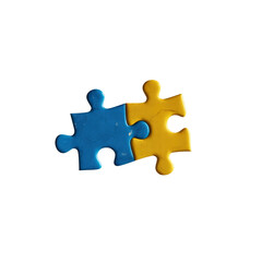 Fototapeta premium Two Interlocking Jigsaw Puzzle Pieces - Blue and Yellow