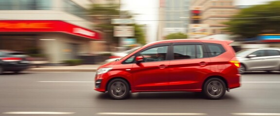 Fototapeta premium Fast-moving vehicle, blurred city backdrop, dynamic motion, fast, streaks