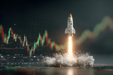 Fototapeta premium 3D Rocket launching symbolizing financial growth and investment success.