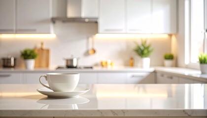 Minimalist kitchen design, a white cup on white table in modern home.