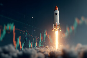 Fototapeta premium 3D Rocket launching symbolizing financial growth and investment success.