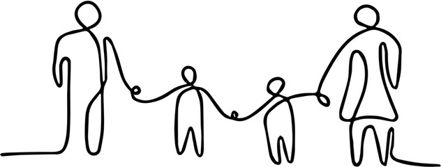 One continuous single line of four family member isolated on white background.