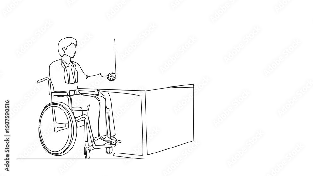 Poster animation of continuous line drawing disabled businessman in wheelchair working with colleague in of