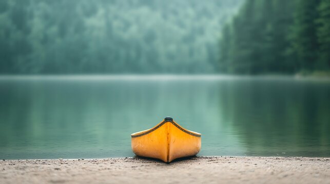 Solitary yellow canoe rests on a sandy shore beside a misty lake