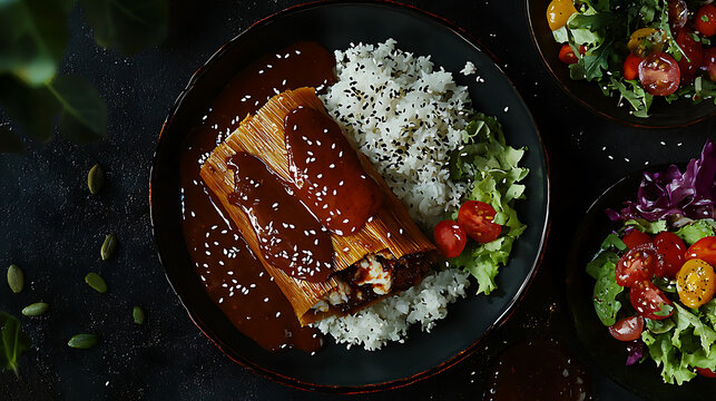 Exquisite Tamale in Mole Sauce with Rice and Salad A Culinary Delight and Authentic Food Photography
