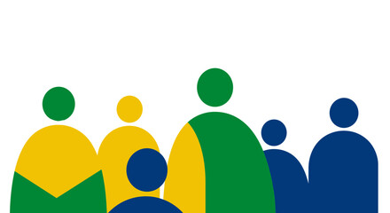 Stylized group of people in green yellow and blue colors standing together on a white background scene