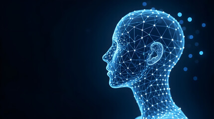 Obraz premium Abstract digital human head illustrates artificial intelligence and future technology, depicting a neural network, connections and advanced tech.