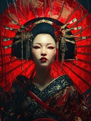 Futuristic Geisha in Crimson Light &ndash; Gold and Red Elegance with Dramatic Umbrella Backdrop