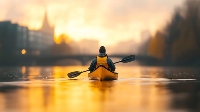 Solo kayaker navigates golden waterway during serene sunset - Powered by Adobe