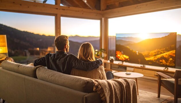 Couple watching sunset mountain view on TV in a cozy cabin - Powered by Adobe