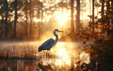 Heron stands in water, sunrise light through the trees