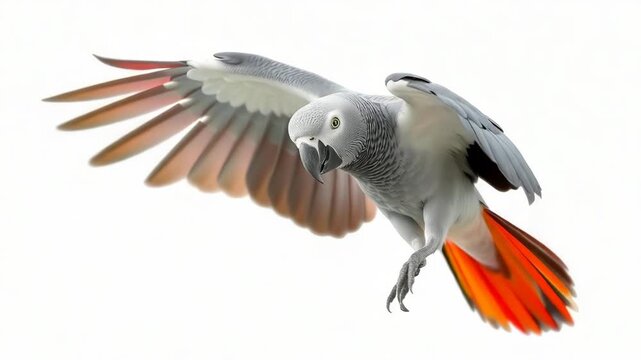 An african grey parrot with its wings spread wide, captured midflight against a stark white background