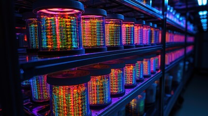 Jars glow with colorful light on dark shelves