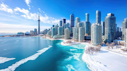 Naklejka premium Stunning skyline with modern buildings and frozen lake, showcasing winter beauty and urban life