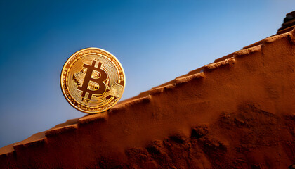 A Bitcoin coin resting on a textured surface against a blue sky backdrop.