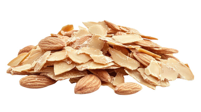 Thin almond flake slices scattered raw nut pieces isolated on white background - Powered by Adobe
