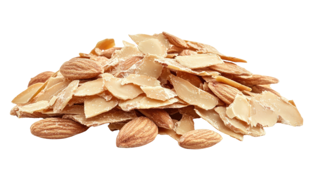 Thin almond flake slices scattered raw nut pieces isolated on white background