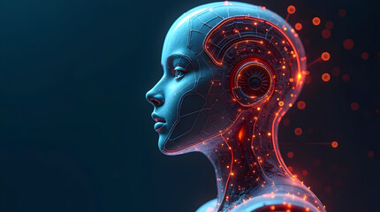 Sleek humanoid robot showcases glowing circuitry against a dark background, representing future technology and artificial intelligence.