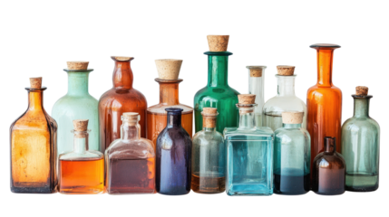 An assortment of vintage glass bottles with various shapes and colors isolated on white background