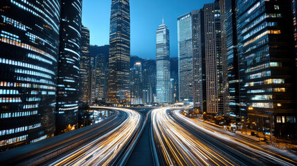 City skyline skyscrapers urban landscape night scene illuminated buildings traffic lights modern