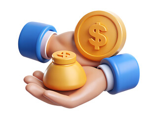 Stylized 3d cartoon hands in blue sleeves holding a golden coin with a dollar sign and a money bag on a transparent background