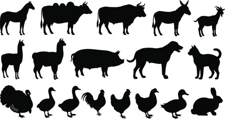 Vector art of a diverse set of farm animal silhouettes, showcasing various livestock and domestic creatures