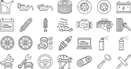 Vector art of a collection of outlined icons representing car service, repair, and automotive maintenance elements