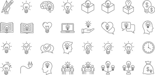 Vector art of a collection of line art icons representing ideas, innovation, and creative thinking isolated on white background